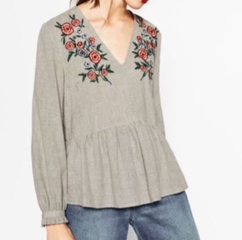 Zara Boho Floral Embroidered Peasant Top Western Cottagecore Blouse Gray L